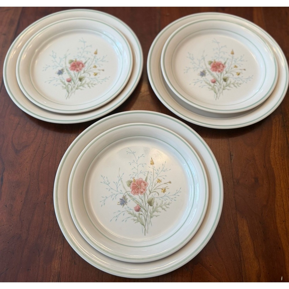 6 Vintage Corning Corner Stone Glenora Dinner Salad Plates Wildflower Green Rim